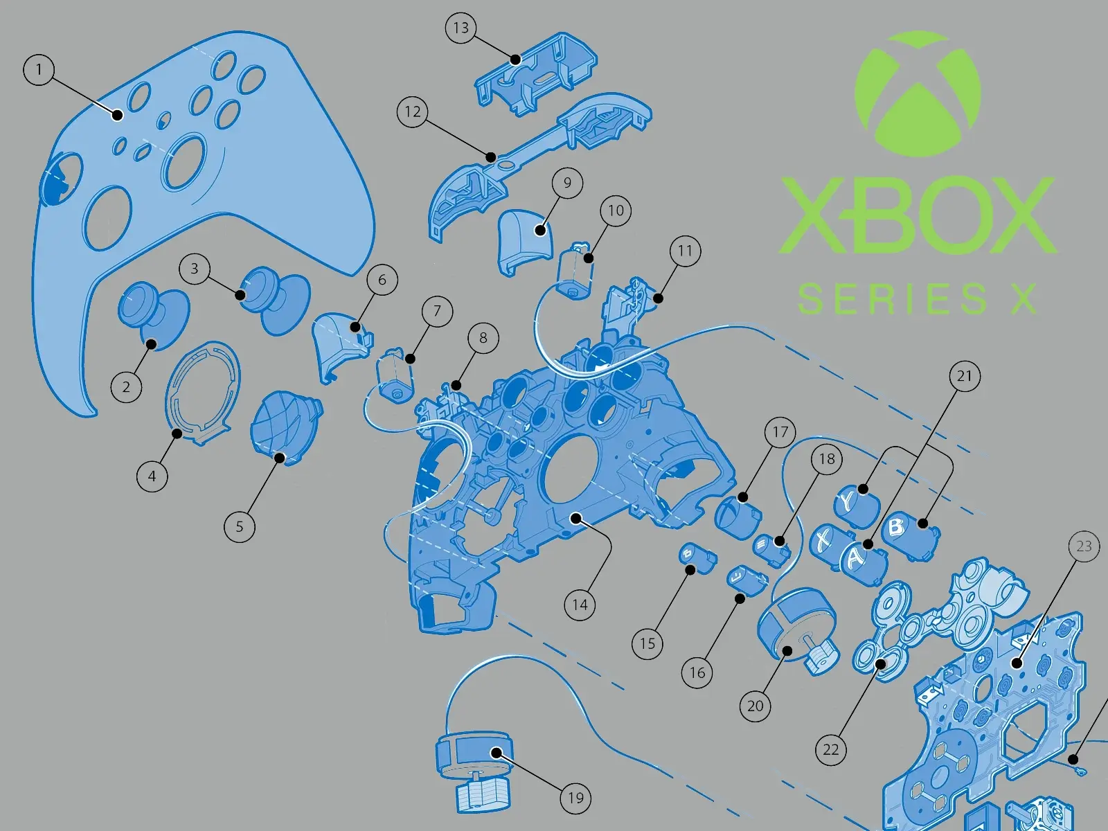 Exploded parts diagram of an Xbox Series X controller: component-level controller repair at Gaming Lab Durban KZN